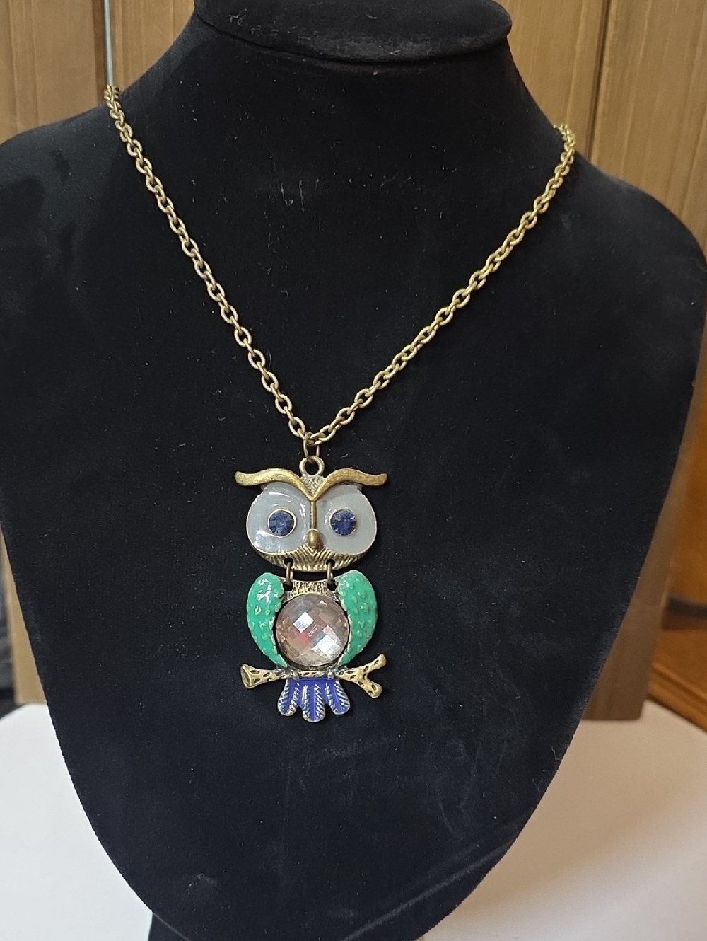 Gold-tone Owl Pendant Necklace with Green and Blue Accents